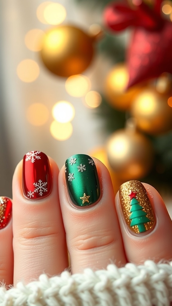 Short metallic Christmas nails in red, green, and gold with festive designs, set against a holiday-themed background.